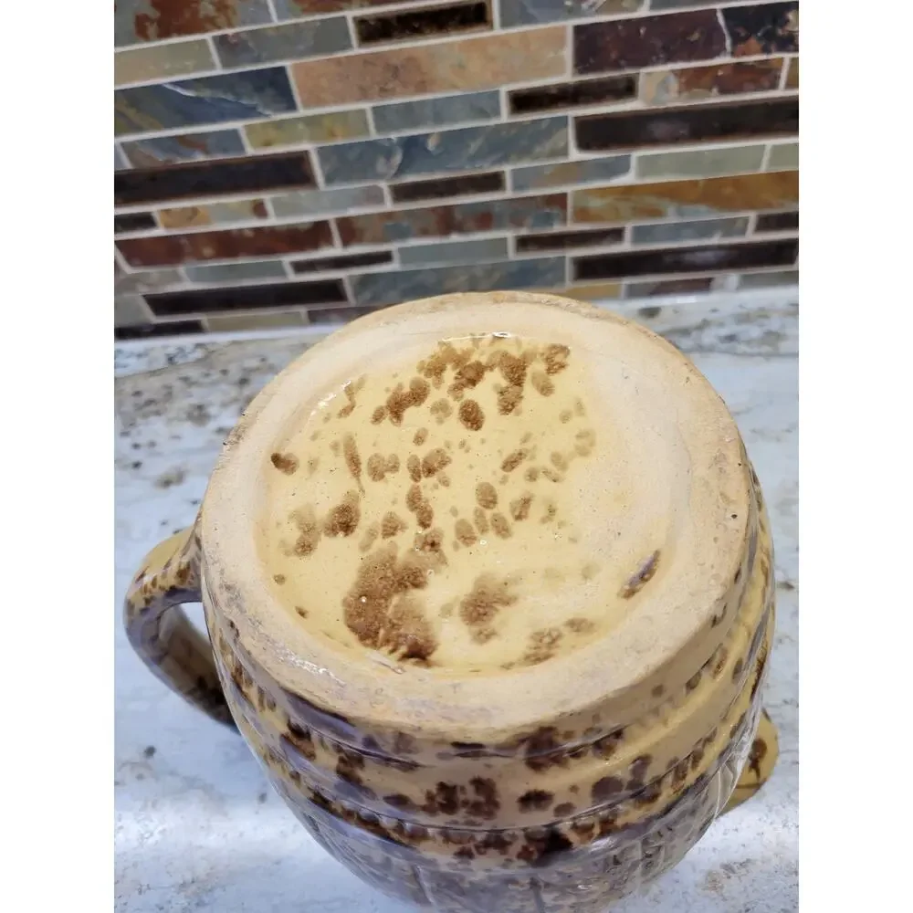 Antique Morton Potteries Spongeware Yellowware Barrel Pitcher Woodland Glaze